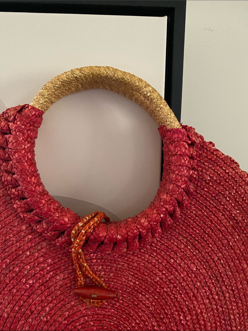 Vintage 80’s Round Boho Red Raffia Handbag - Picture 2 of 11